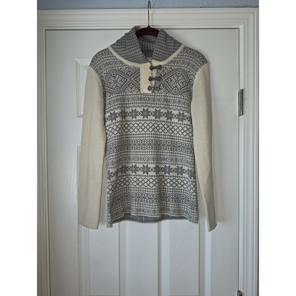Obermeyer Sweater Wool Blend Shawl Collar Metal Hook/Loop S Nordic Fair Isle Ski